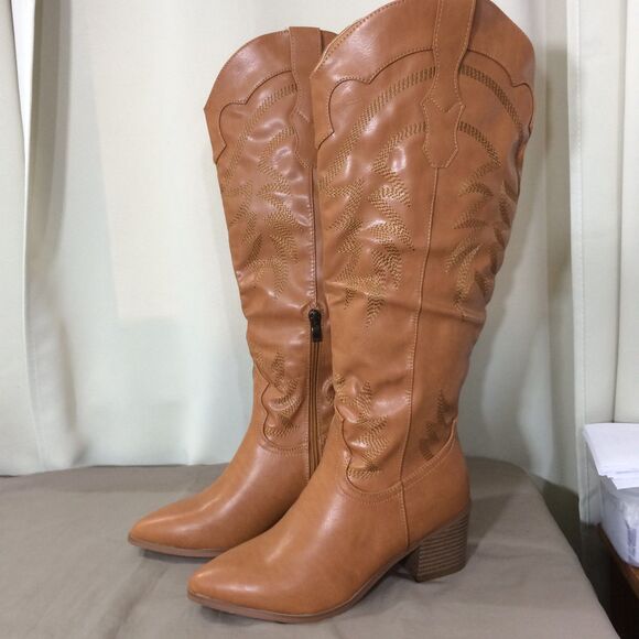 Unbranded Shoes - NEW Brown Cowboy Boots Faux Leather Size 8 Western Tall Pointed Toe Zip
